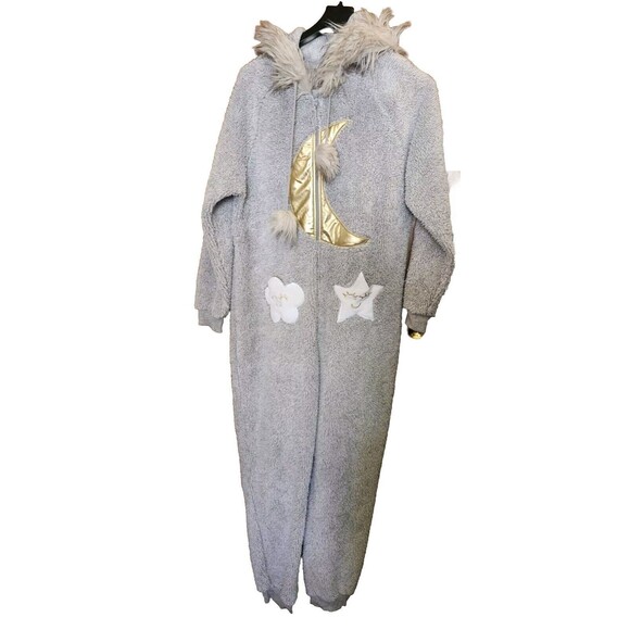 Holiday Time Women's XL Gray Sleeper One Piece Moon Stars Zip Gold Faux Fur Hood - Picture 1 of 11